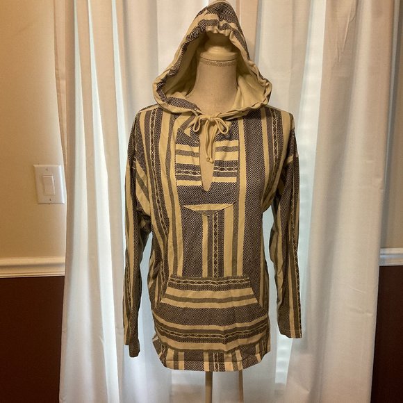 Spirit Tops - Spirit Jersey Hooded Top Off White Black Stripe Pattern V-Neck Long Sleeve